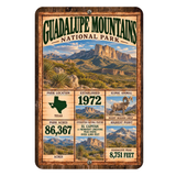Guadalupe Mountains National Park facts aluminum sign with vintage Texas desert artwork