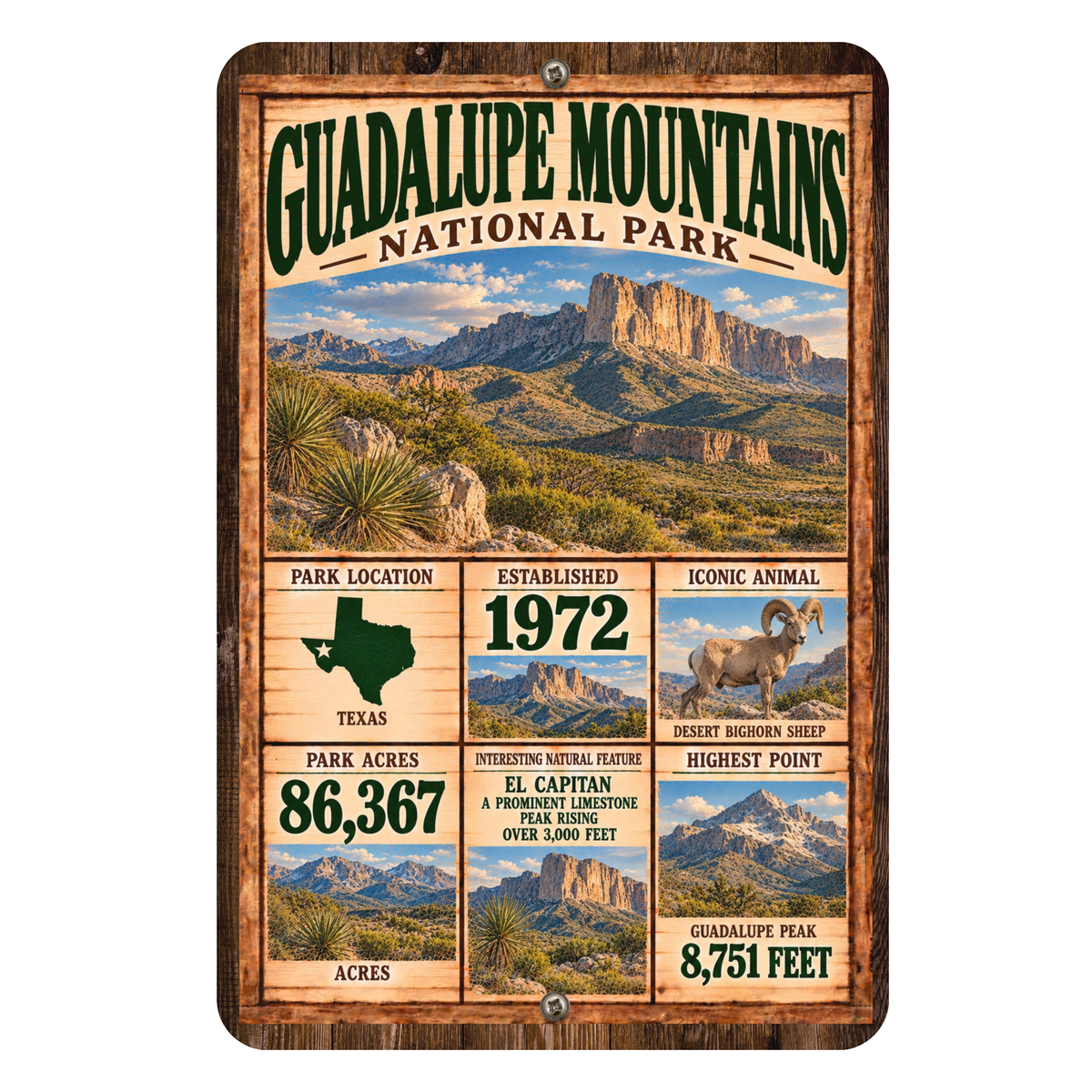 Guadalupe Mountains National Park facts aluminum sign with vintage Texas desert artwork