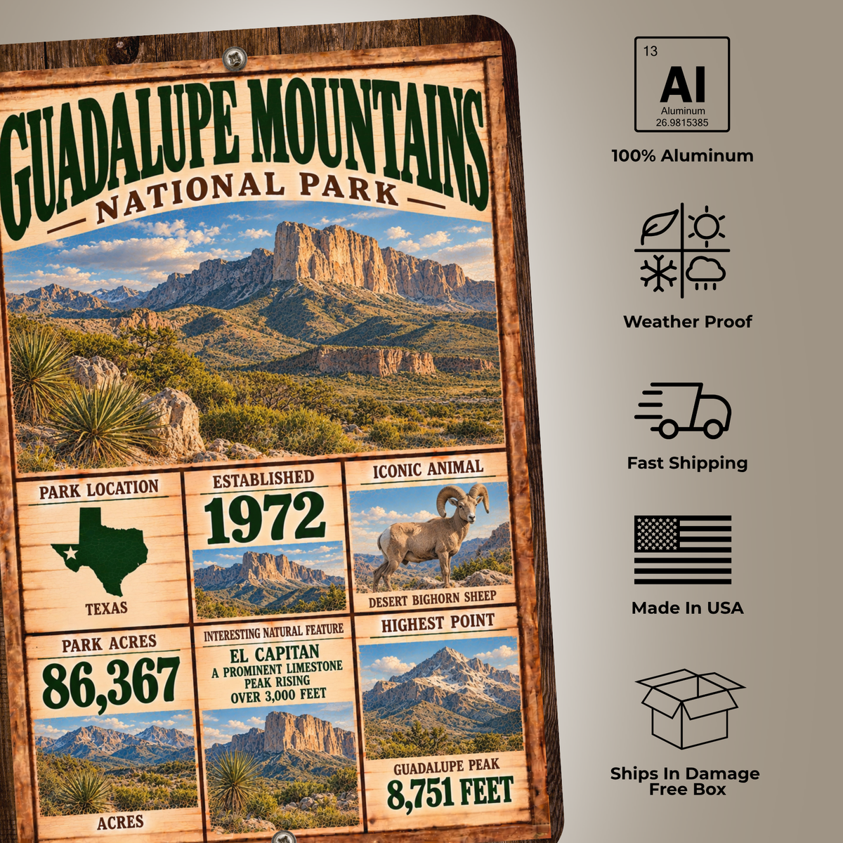 Guadalupe Mountains National Park sign features including aluminum construction and weather resistance