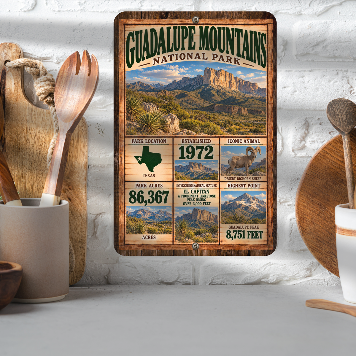 Guadalupe Mountains National Park aluminum facts sign displayed in a kitchen