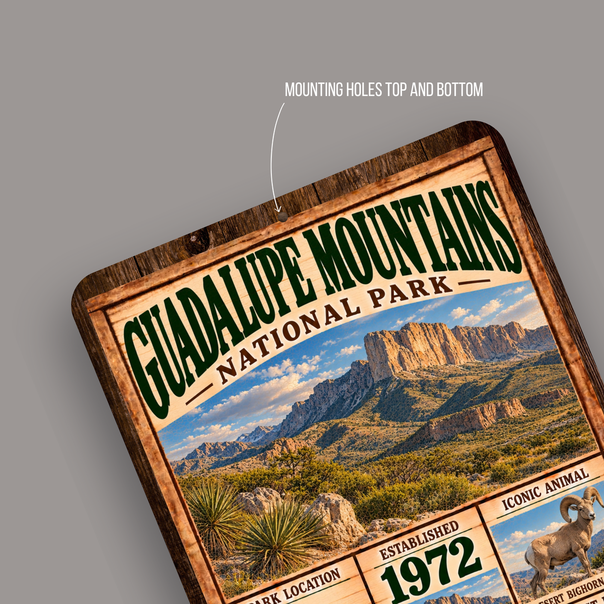 Guadalupe Mountains National Park aluminum sign showing rounded corners and mounting holes