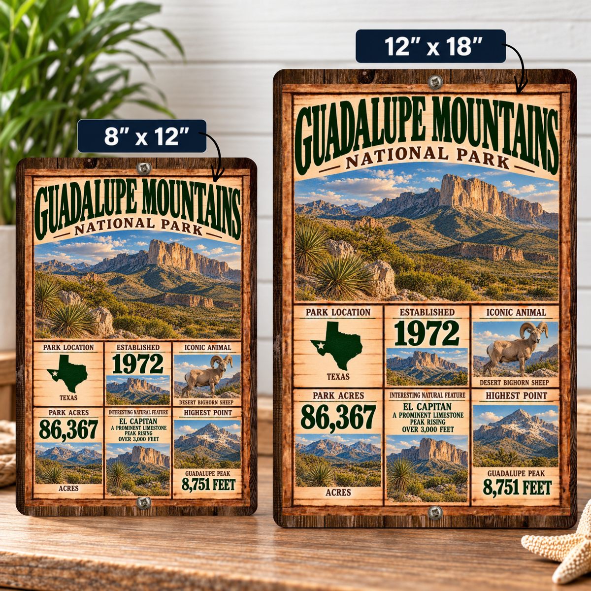 Guadalupe Mountains National Park facts sign shown in 8 by 12 and 12 by 18 inch sizes
