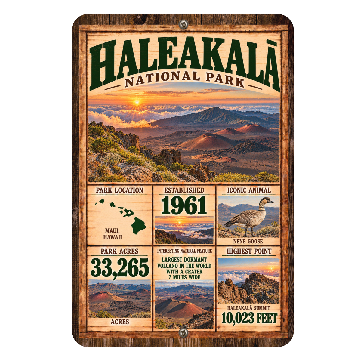 Haleakala National Park facts aluminum sign with vintage Maui volcano sunrise artwork