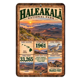 Haleakala National Park facts aluminum sign with vintage Maui volcano sunrise artwork