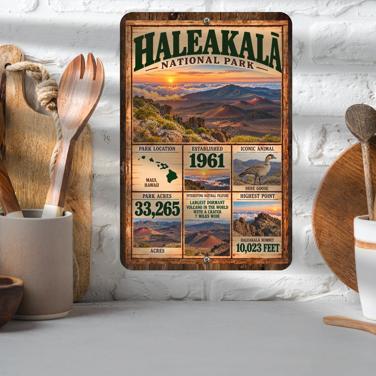 Haleakala National Park aluminum facts sign displayed in a kitchen