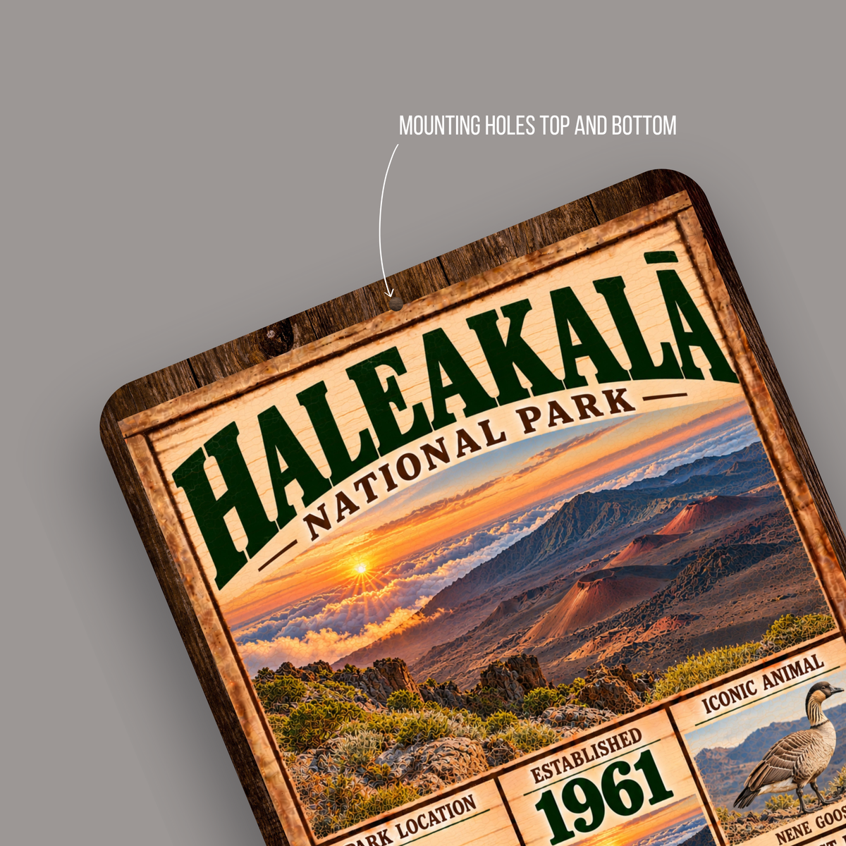 Haleakala National Park aluminum sign showing rounded corners and mounting holes
