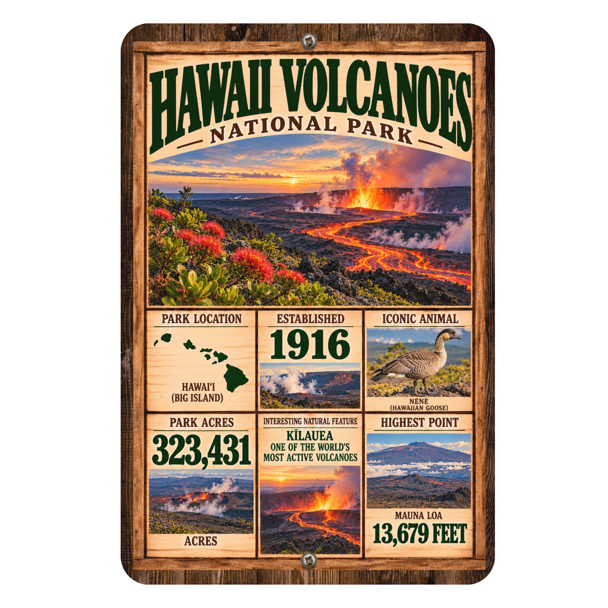 Hawaii Volcanoes National Park facts aluminum sign with vintage lava flow artwork