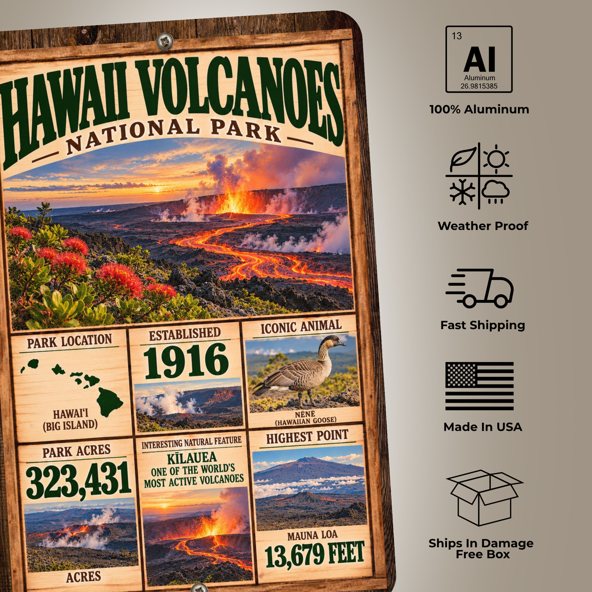 Hawaii Volcanoes National Park sign features including aluminum construction and weather resistance
