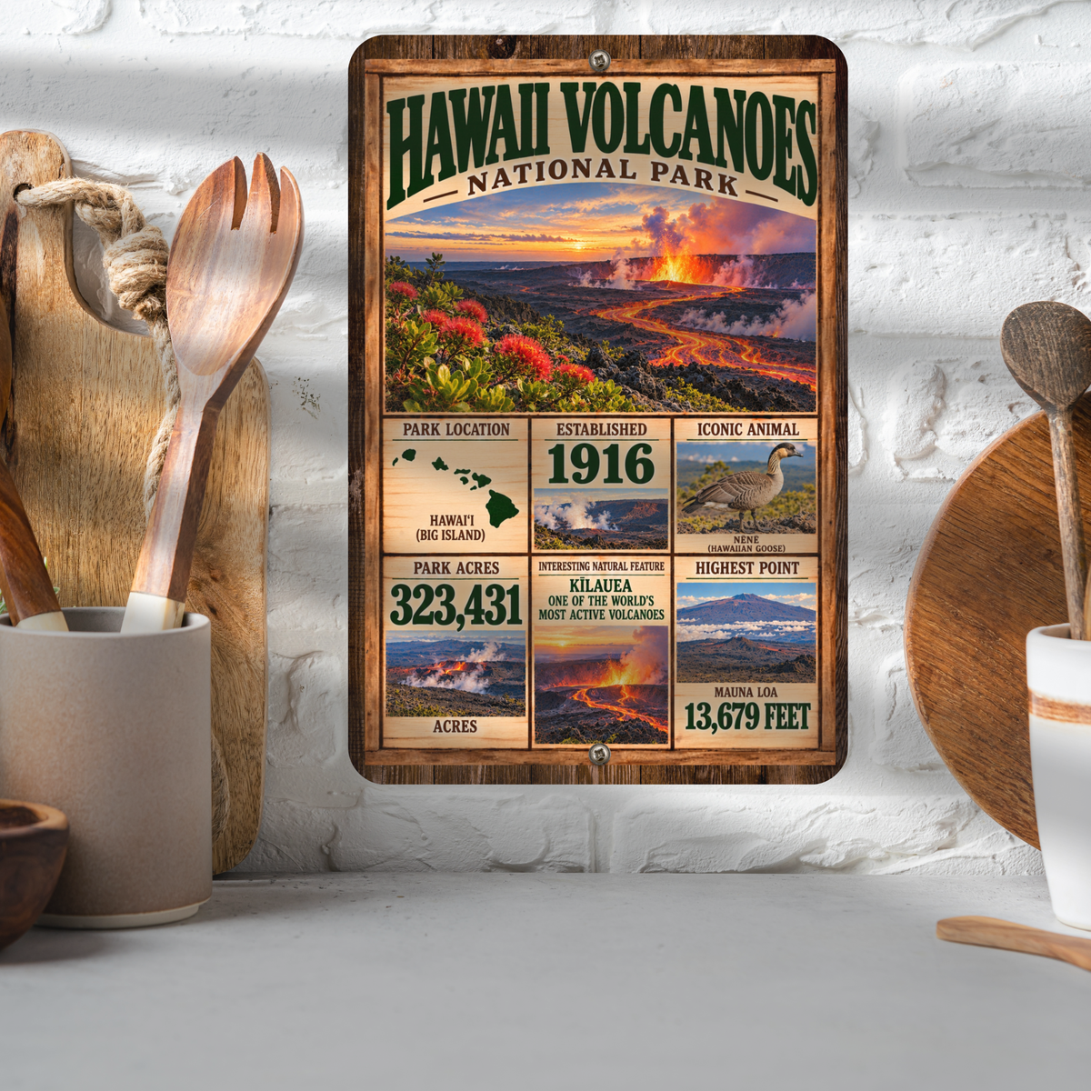 Hawaii Volcanoes National Park aluminum facts sign displayed in a kitchen