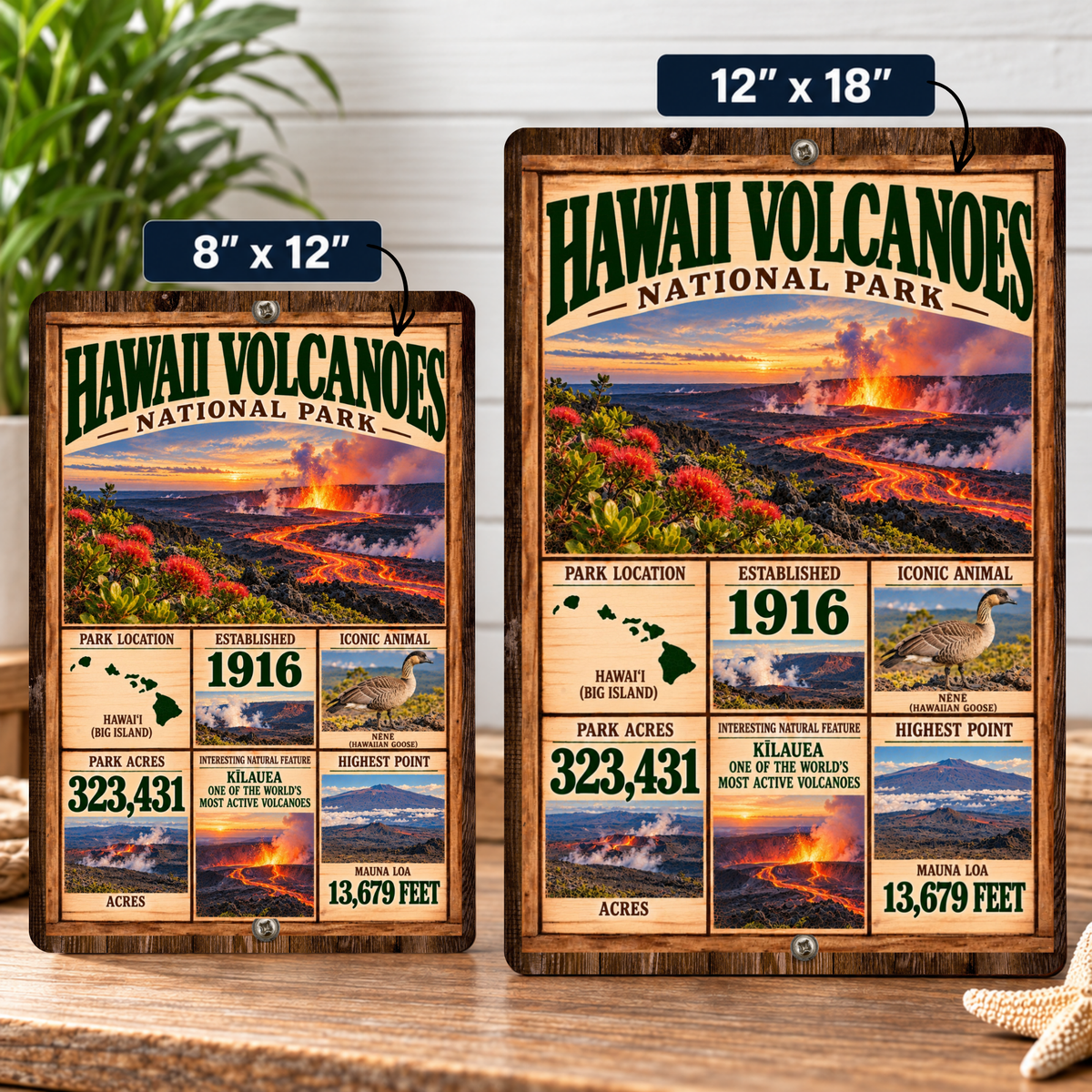 Hawaii Volcanoes National Park facts sign shown in 8 by 12 and 12 by 18 inch sizes