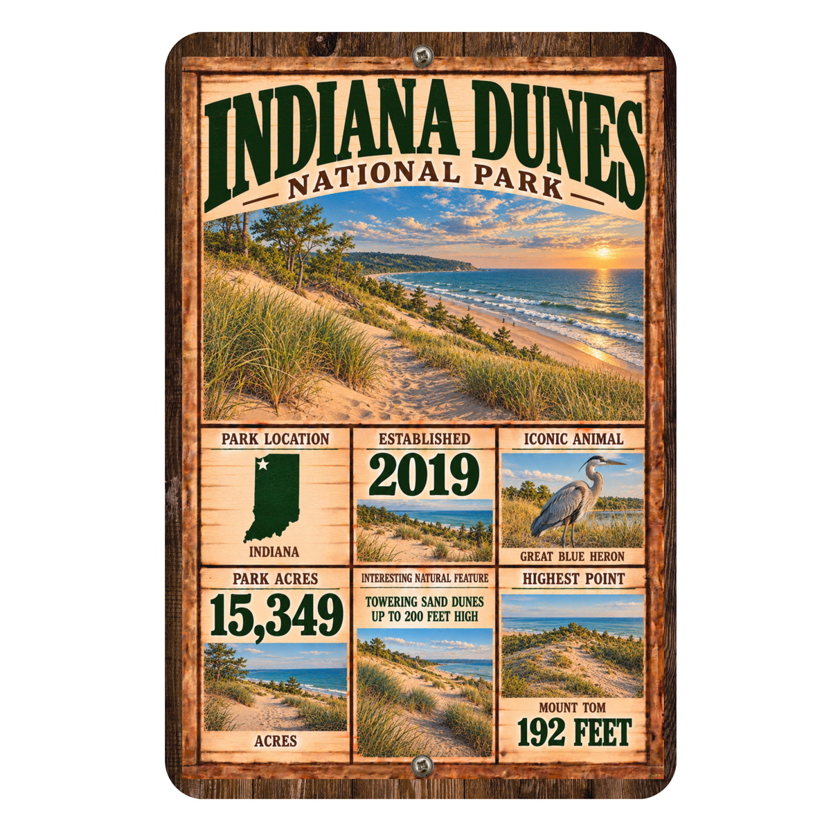 Indiana Dunes National Park facts aluminum sign with vintage Lake Michigan dunes artwork