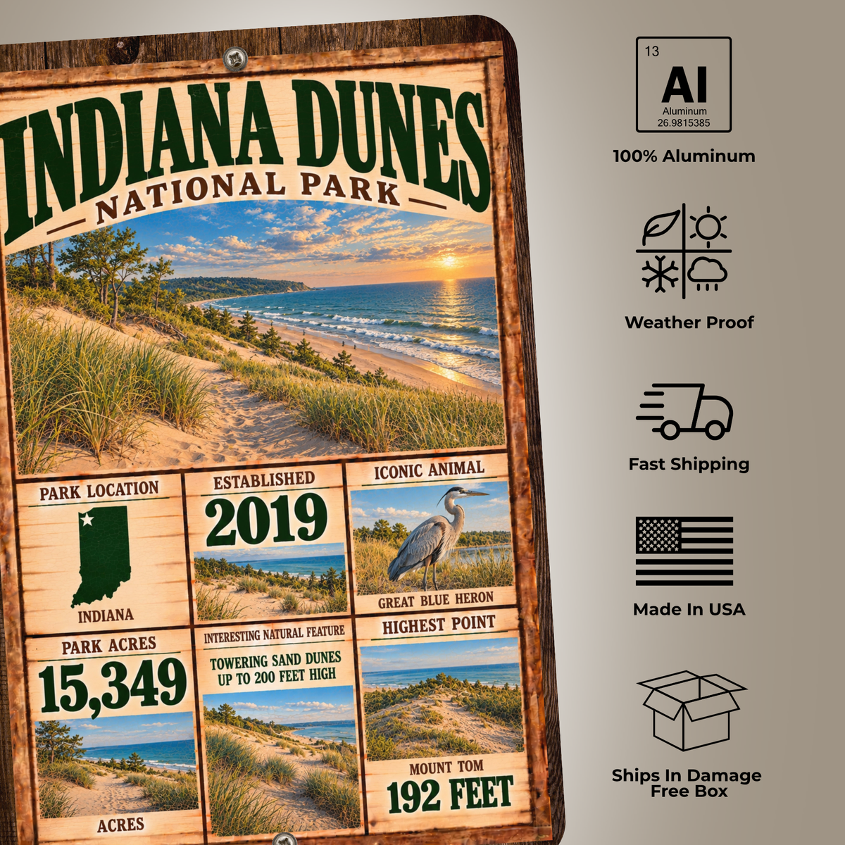 Indiana Dunes National Park aluminum sign features including weatherproof aluminum and made in USA