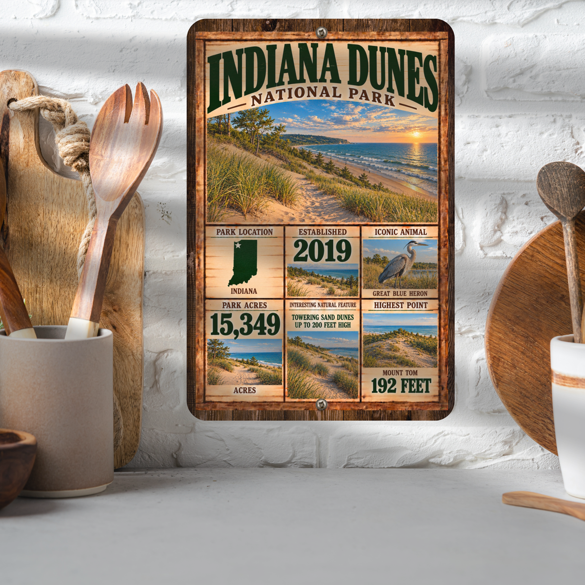 Indiana Dunes National Park facts aluminum sign displayed in a kitchen