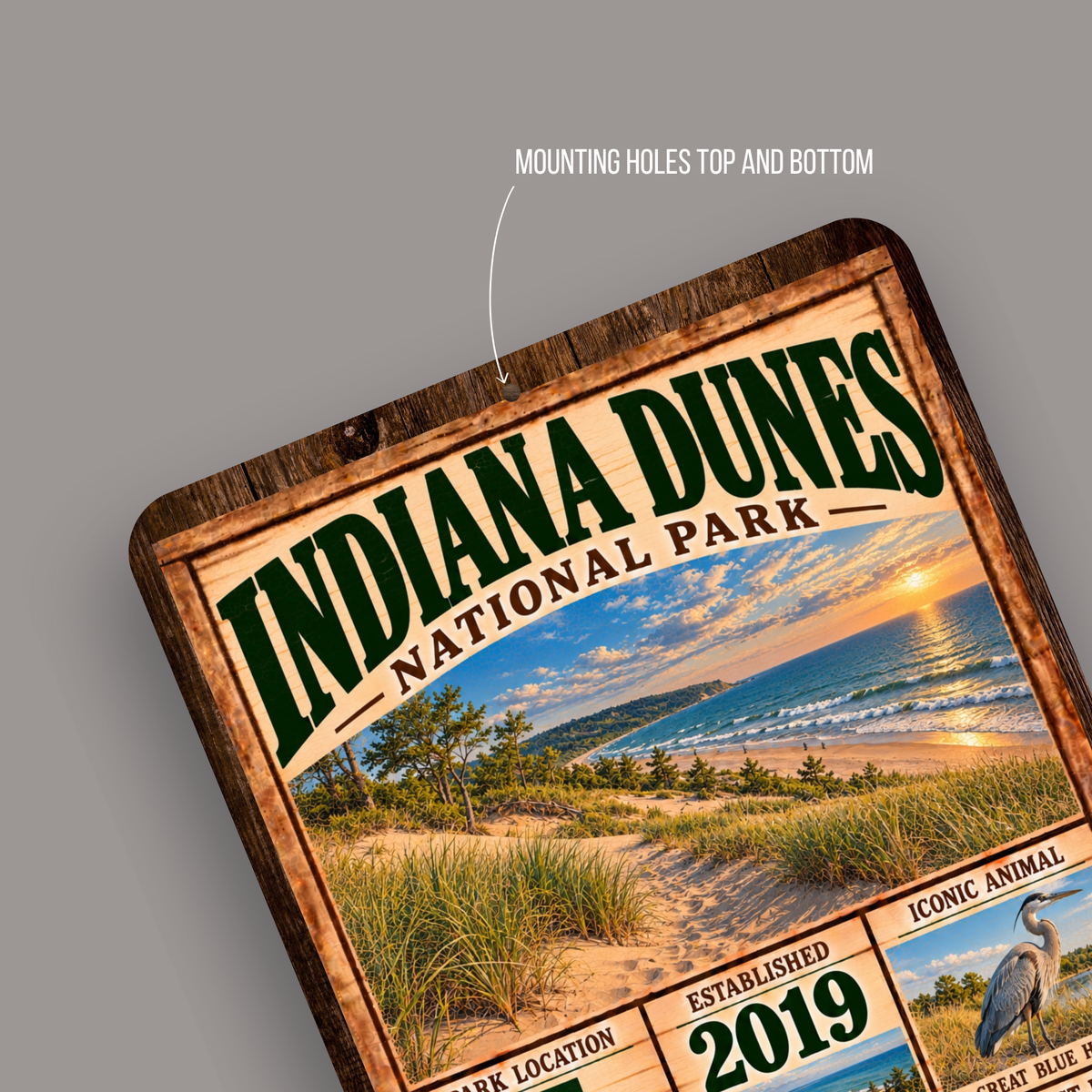 Indiana Dunes National Park aluminum sign with rounded corners and mounting holes