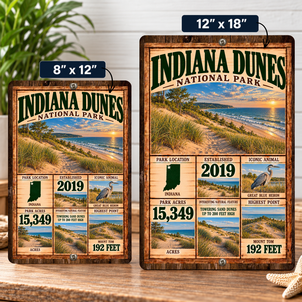 Indiana Dunes National Park facts sign shown in 8 by 12 and 12 by 18 inch sizes