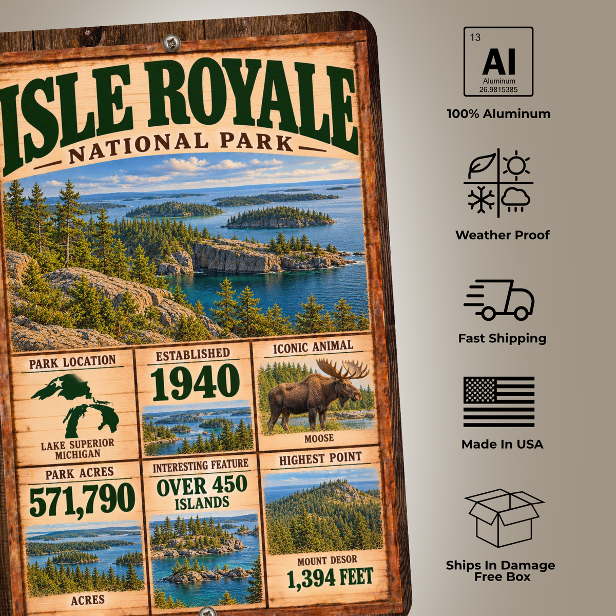 Isle Royale National Park aluminum sign features including weatherproof aluminum and made in USA