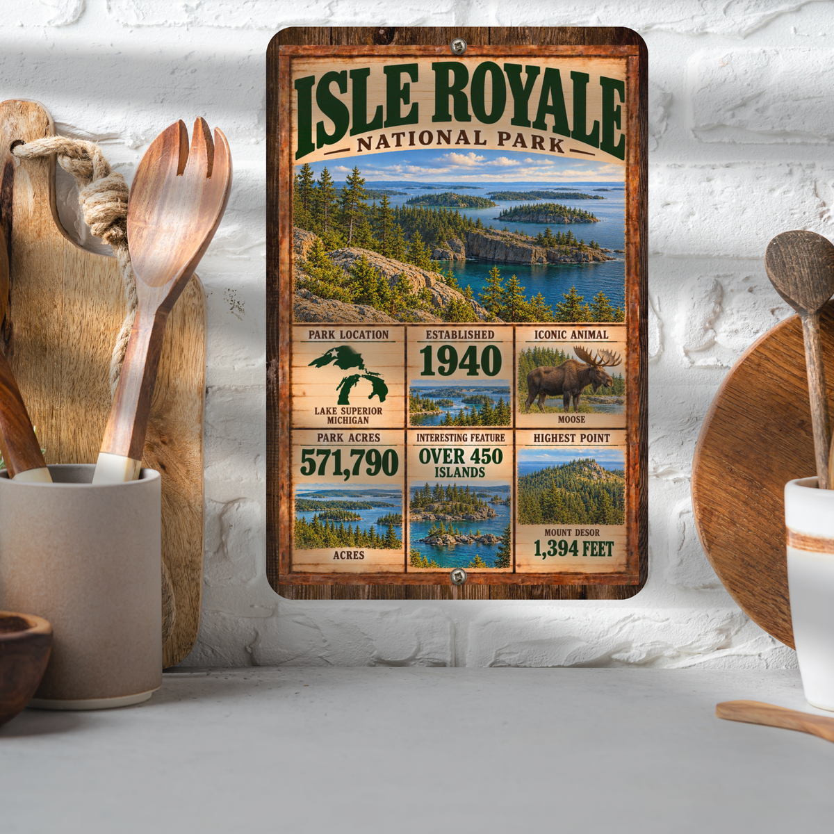 Isle Royale National Park facts aluminum sign displayed in a kitchen