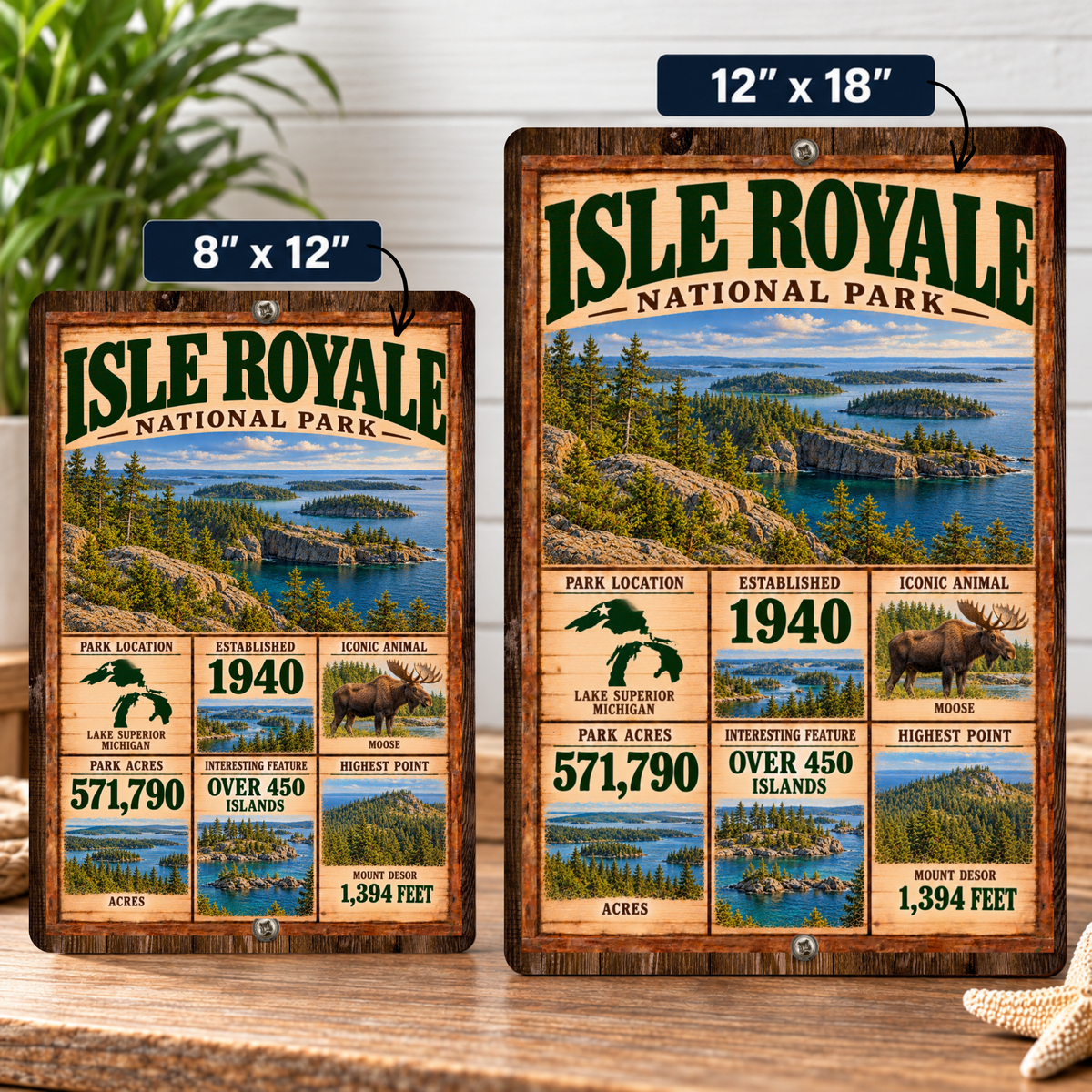 Isle Royale National Park facts sign shown in 8 by 12 and 12 by 18 inch sizes