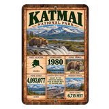 Katmai National Park facts aluminum sign with vintage Alaska brown bear artwork
