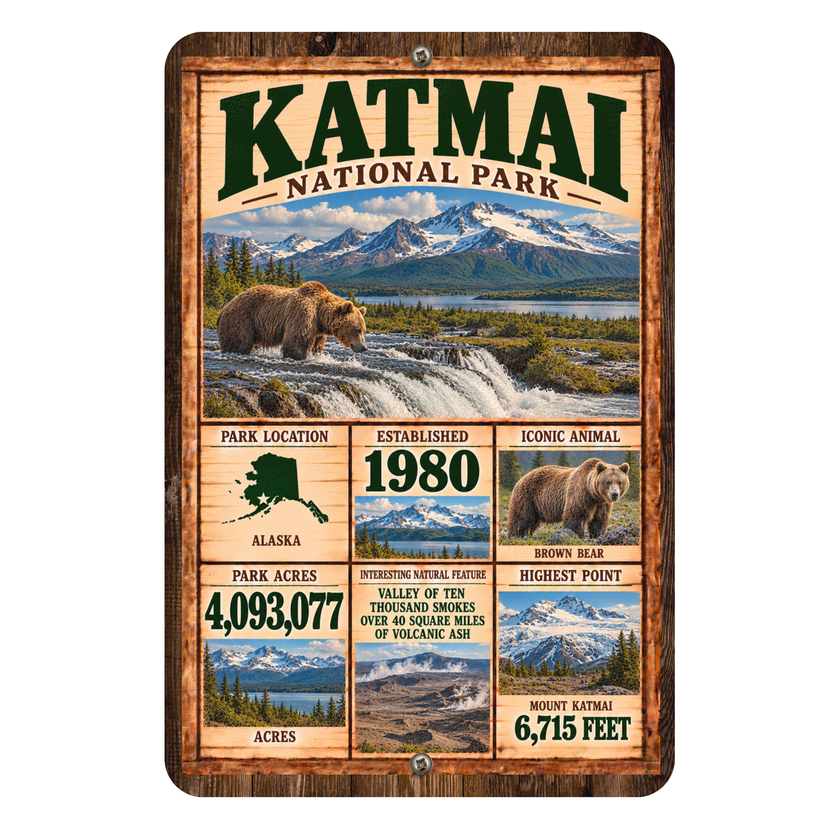 Katmai National Park facts aluminum sign with vintage Alaska brown bear artwork