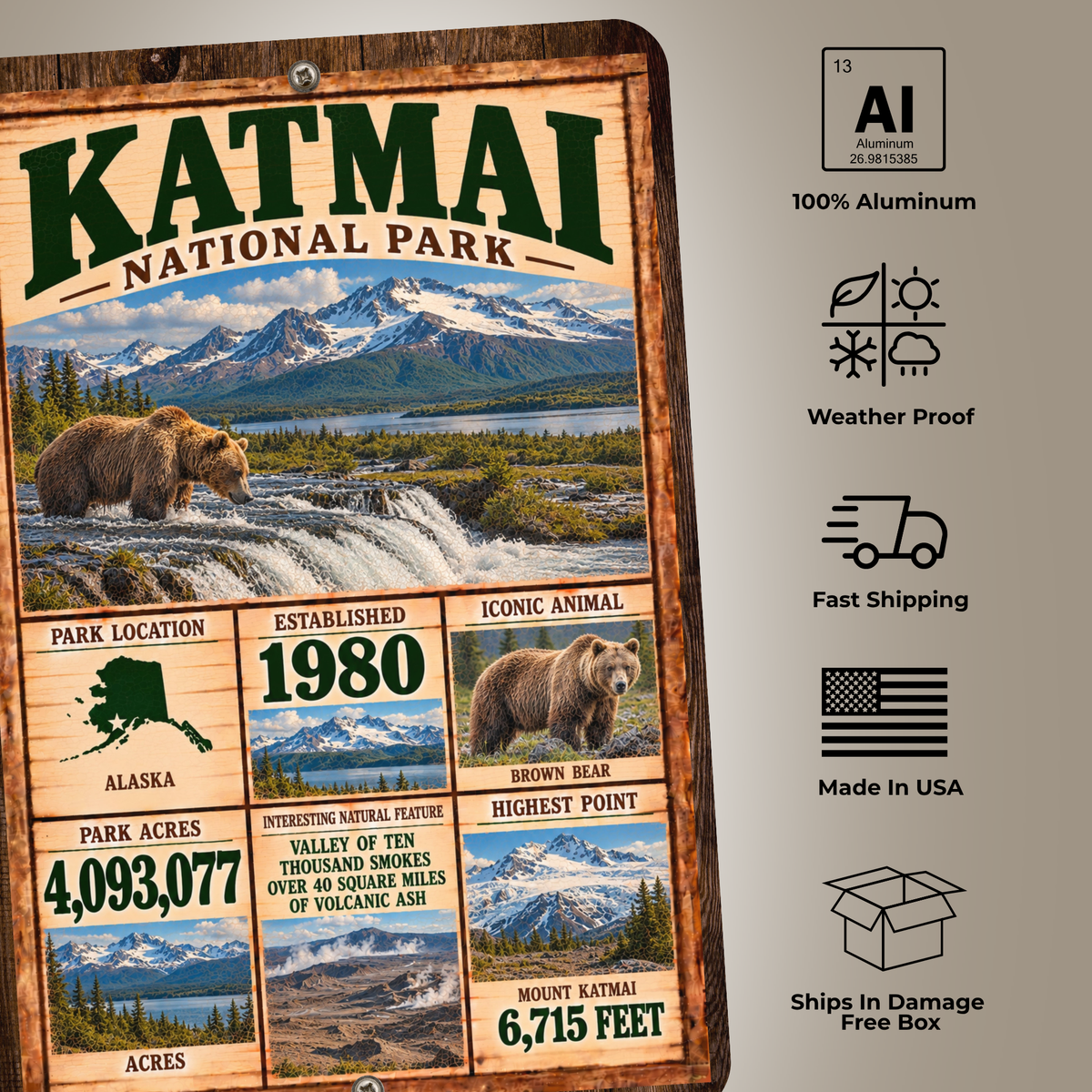Katmai National Park aluminum sign features including weatherproof aluminum and made in USA