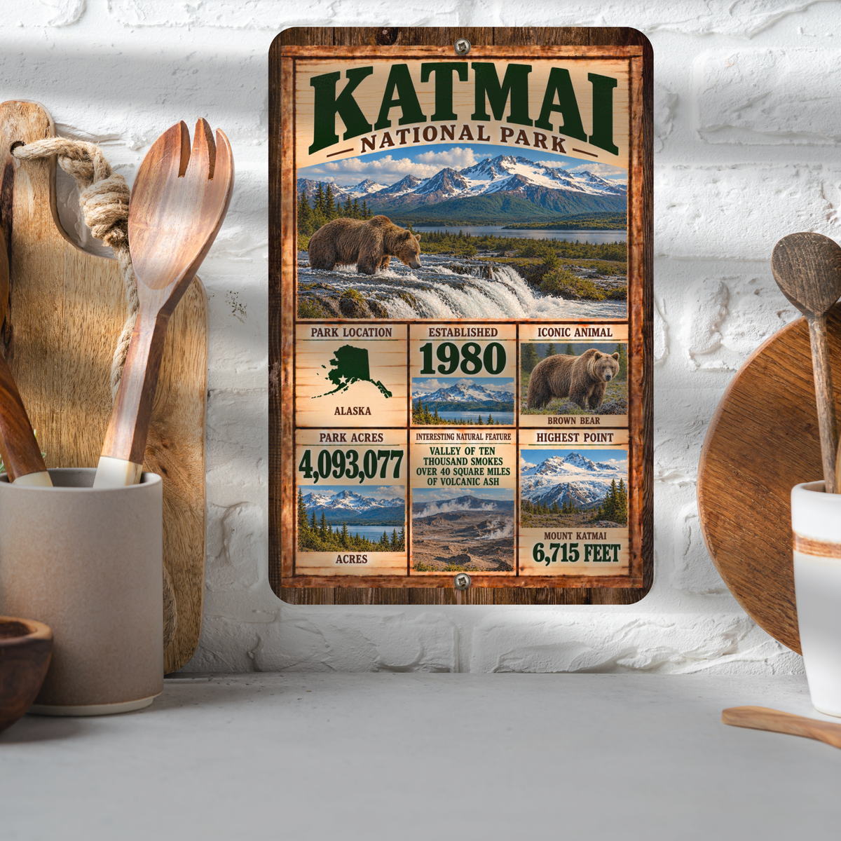 Katmai National Park facts aluminum sign displayed in a kitchen