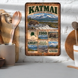 Katmai National Park facts aluminum sign displayed in a kitchen