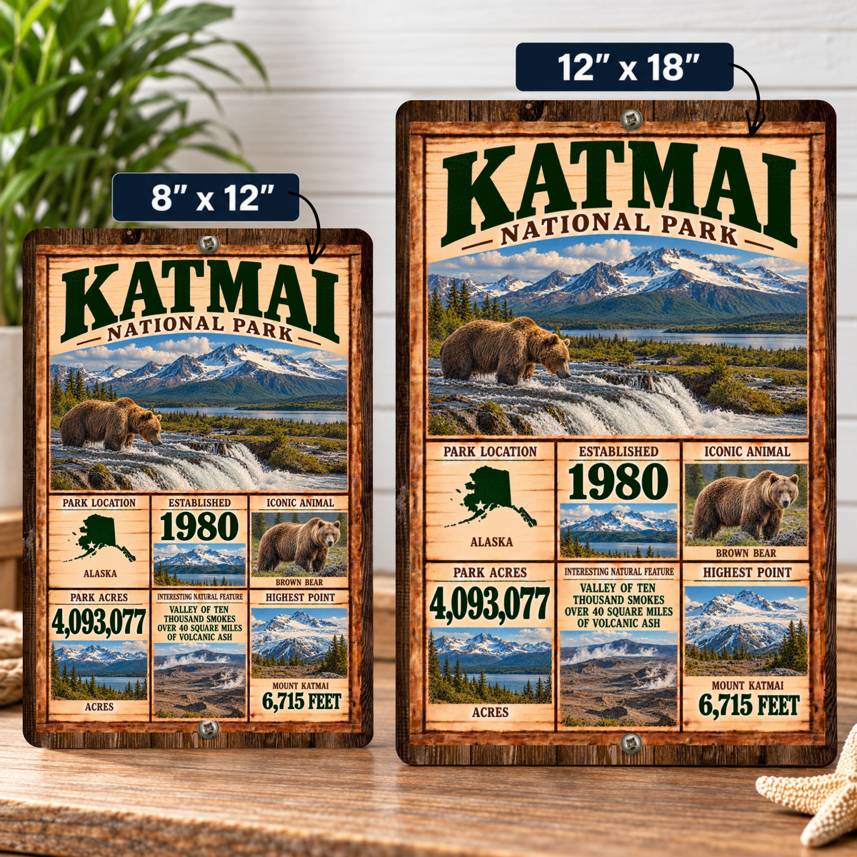 Katmai National Park facts sign shown in 8 by 12 and 12 by 18 inch sizes