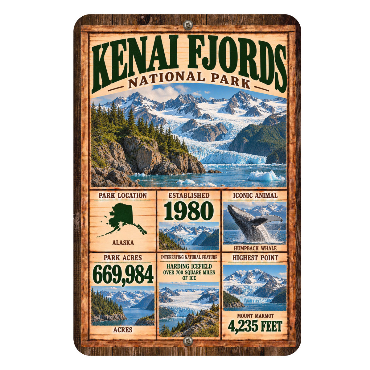 Kenai Fjords National Park facts aluminum sign with vintage Alaska glacier artwork
