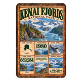 Kenai Fjords National Park facts aluminum sign with vintage Alaska glacier artwork