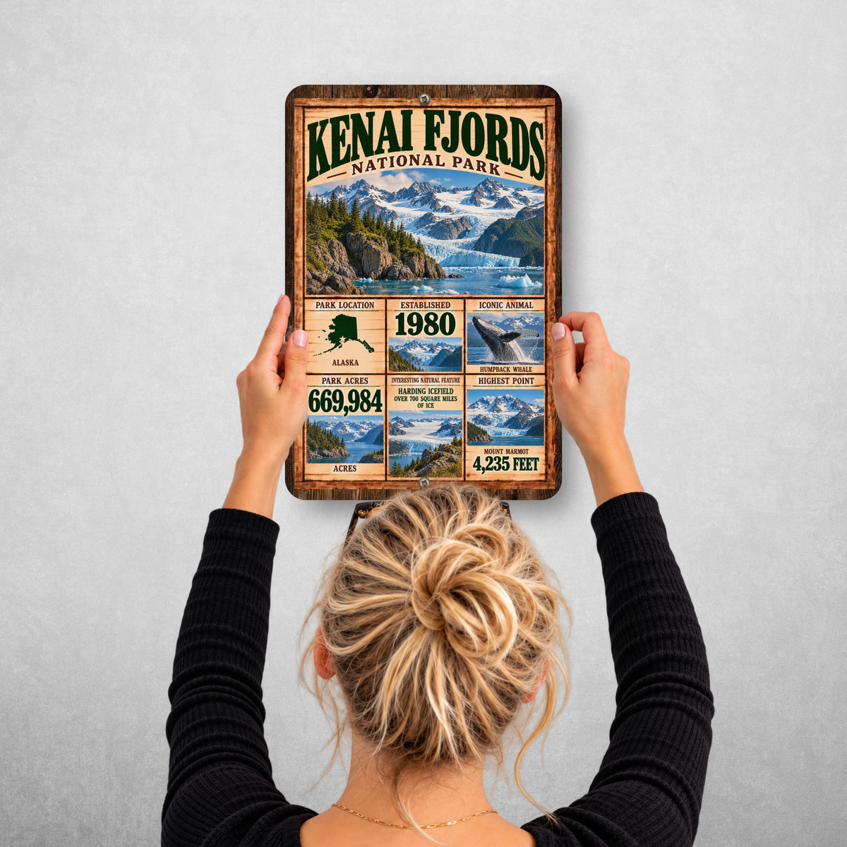 Kenai Fjords National Park aluminum sign hanging on a wall