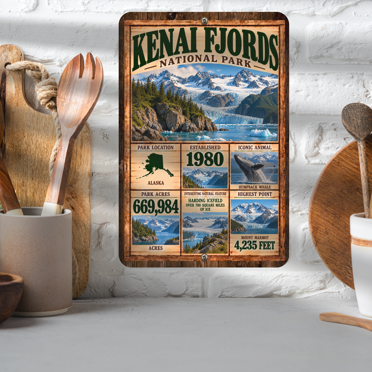 Kenai Fjords National Park facts aluminum sign displayed in a kitchen