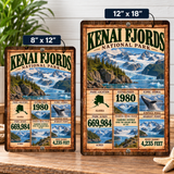 Kenai Fjords National Park facts sign shown in 8 by 12 and 12 by 18 inch sizes