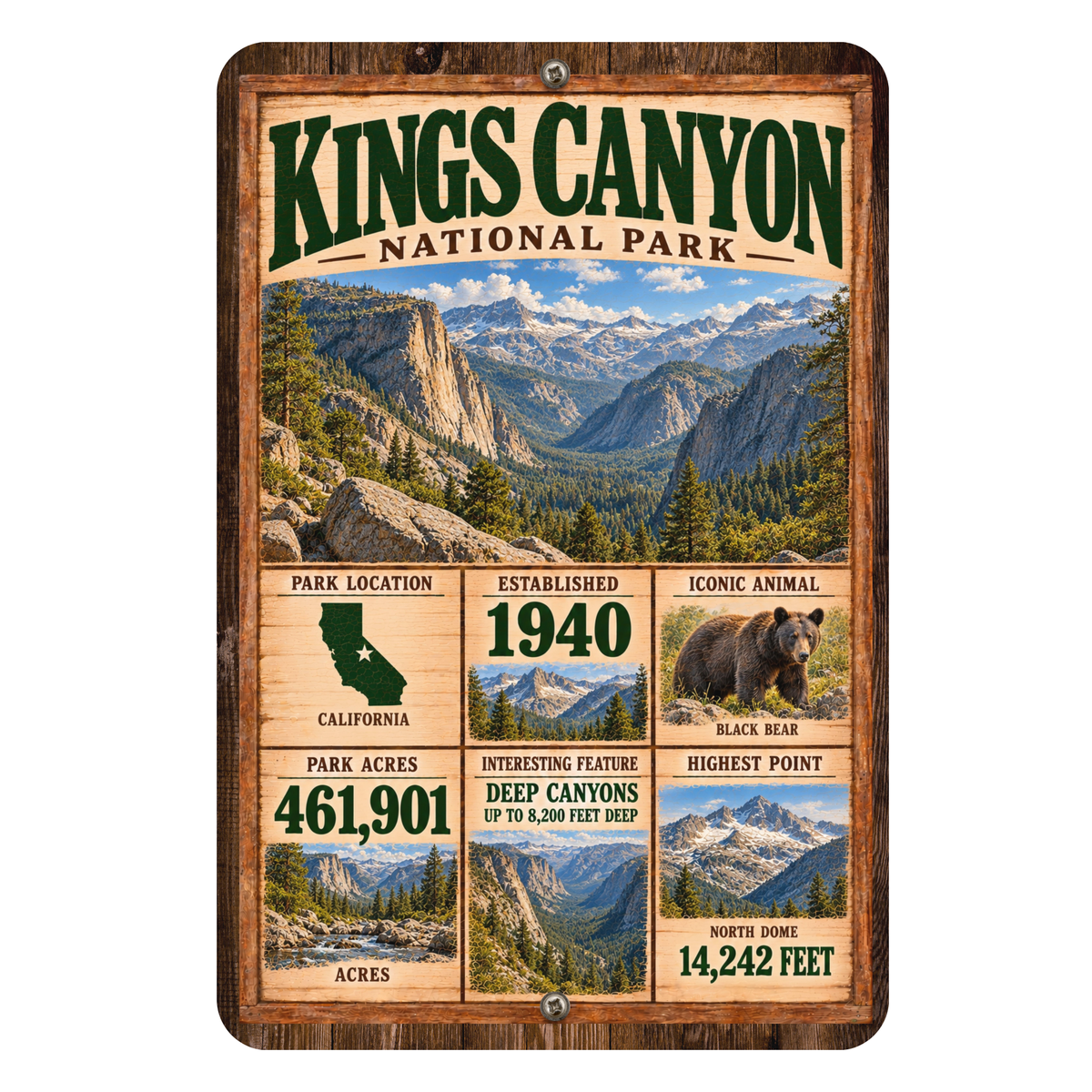 Kings Canyon National Park facts aluminum sign with vintage California mountain artwork