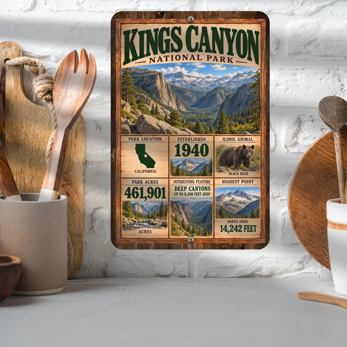 Kings Canyon National Park aluminum sign displayed in a kitchen
