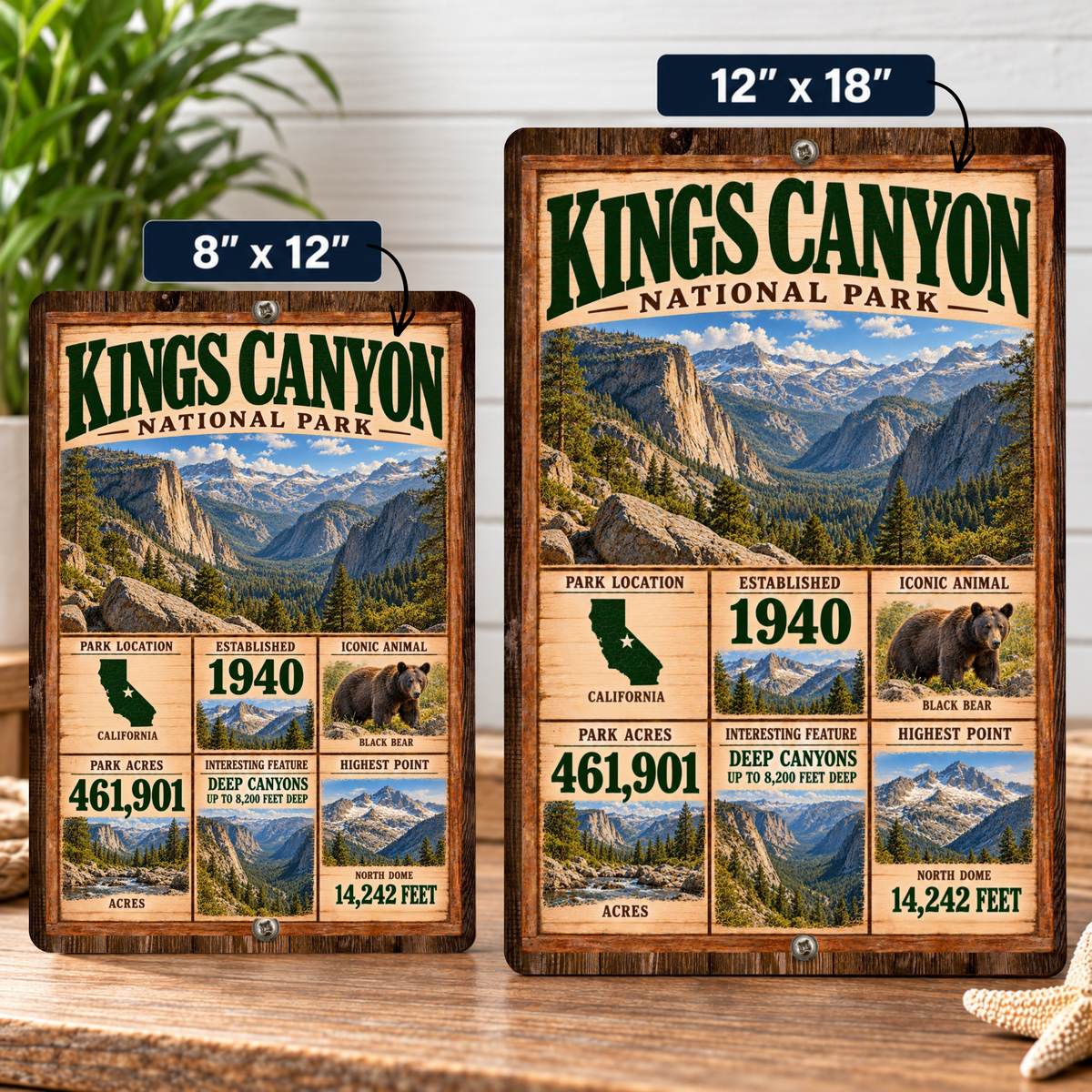 Kings Canyon National Park facts sign shown in 8 by 12 and 12 by 18 inch sizes