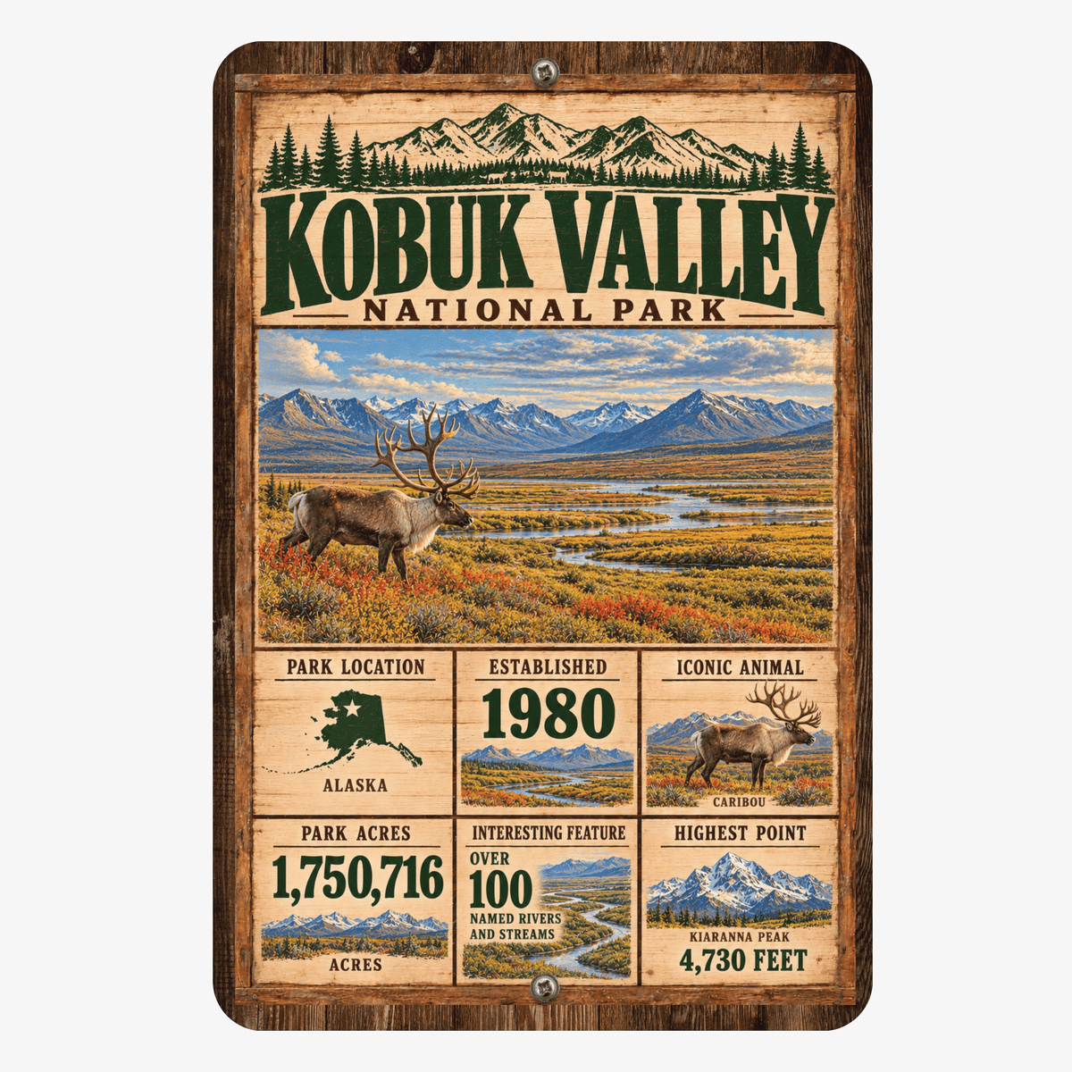 Kobuk Valley National Park facts aluminum sign with vintage Alaska landscape and caribou artwork
