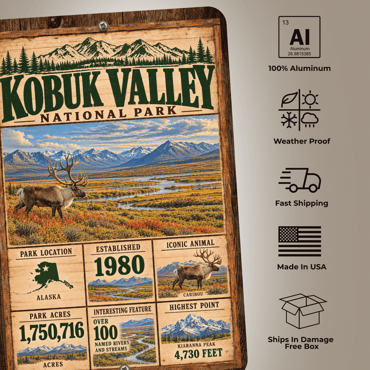 Kobuk Valley National Park sign features including aluminum construction and weather resistance