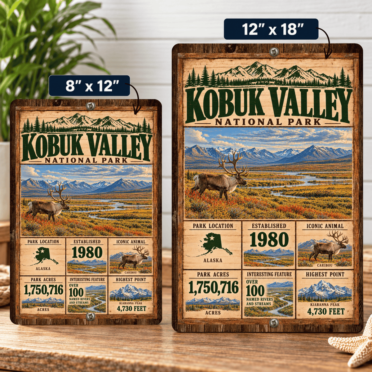 Kobuk Valley National Park facts sign shown in 8 by 12 and 12 by 18 inch sizes
