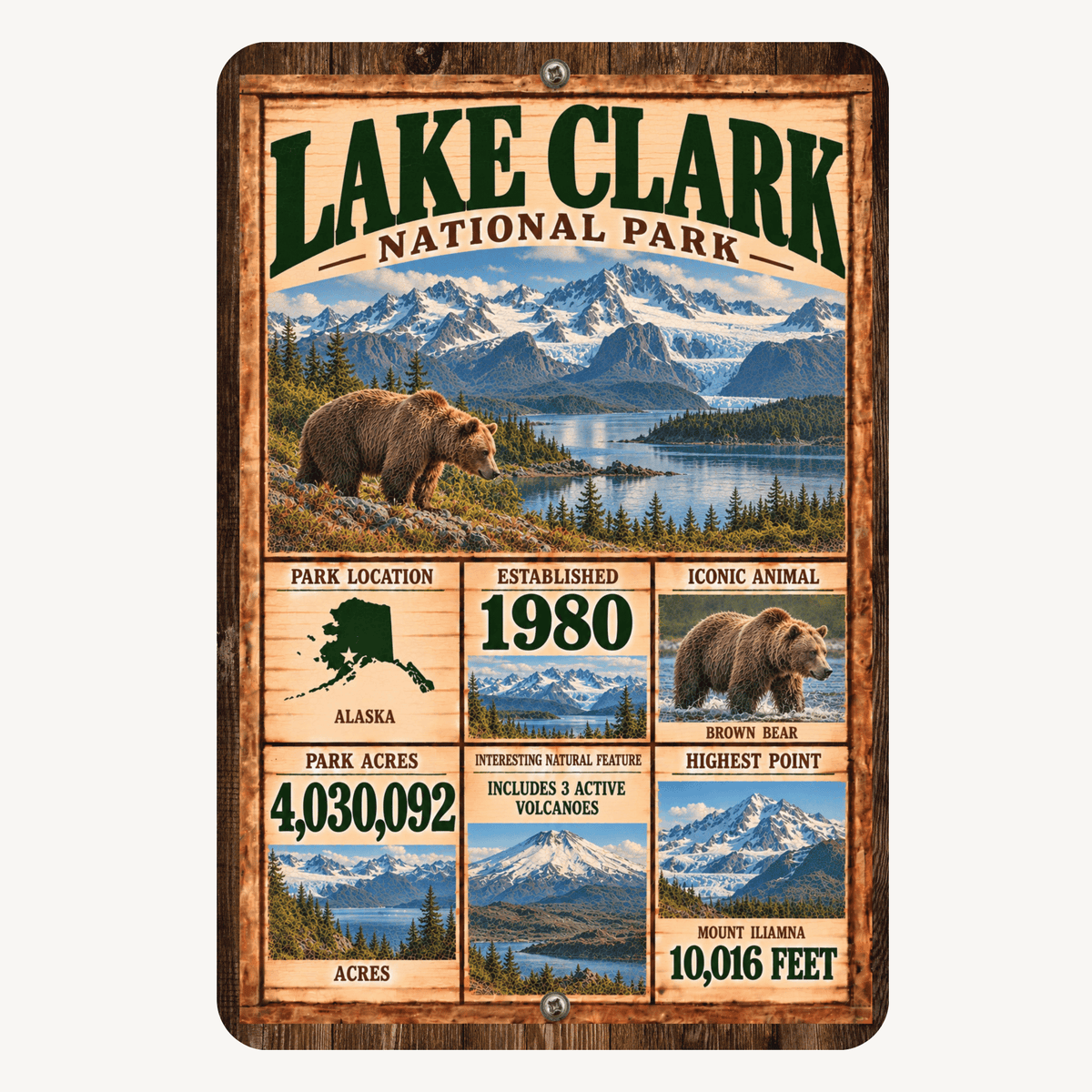 Lake Clark National Park facts aluminum sign with vintage Alaska mountains, lake, and brown bear artwork