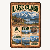 Lake Clark National Park facts aluminum sign with vintage Alaska mountains, lake, and brown bear artwork