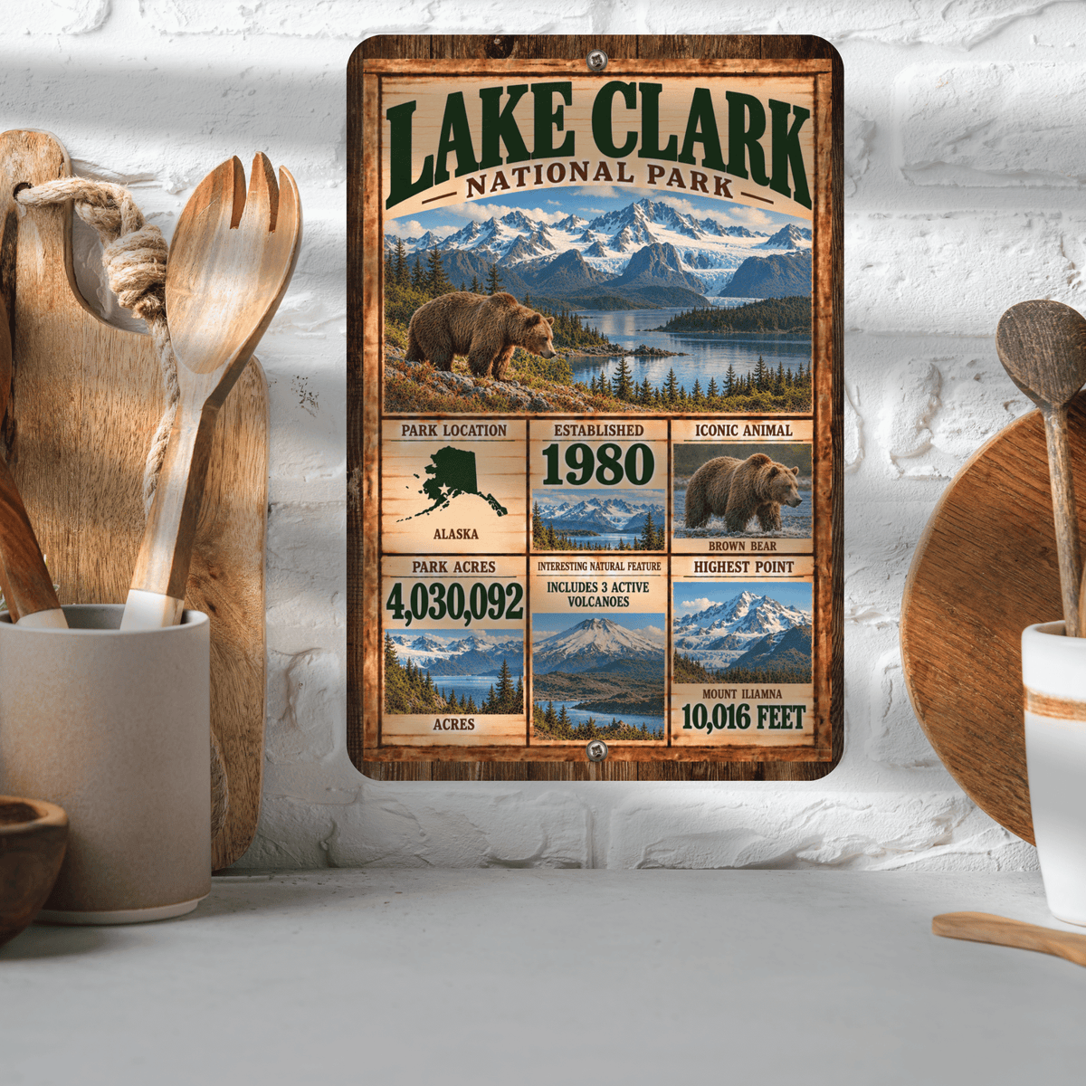 Lake Clark National Park aluminum sign displayed in a kitchen
