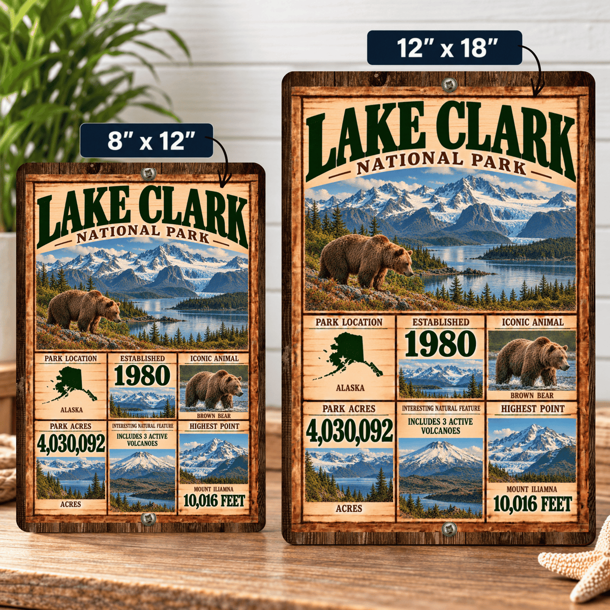 Lake Clark National Park facts sign shown in 8 by 12 and 12 by 18 inch sizes