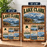 Lake Clark National Park facts sign shown in 8 by 12 and 12 by 18 inch sizes