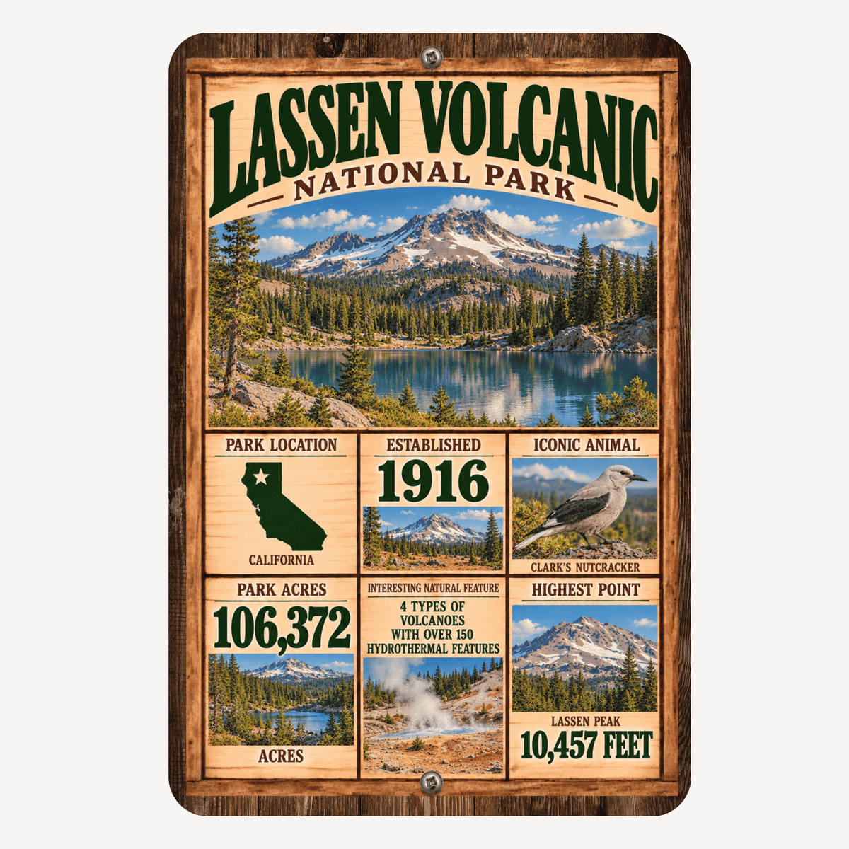 Lassen Volcanic National Park facts aluminum sign with vintage California mountain and lake artwork