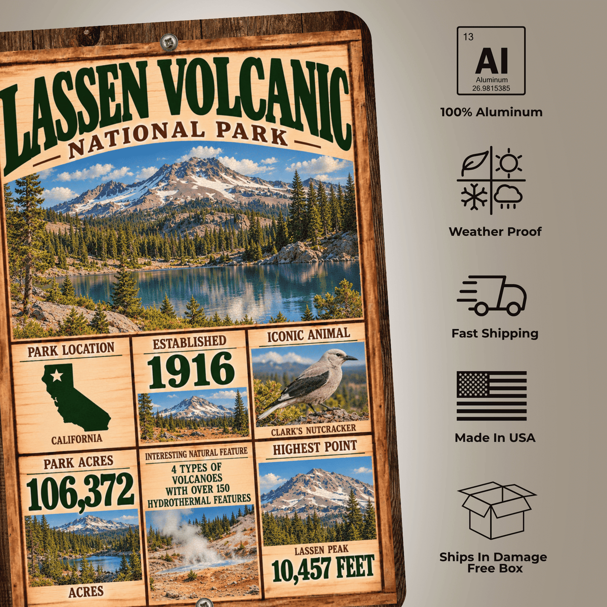 Lassen Volcanic National Park sign features including aluminum construction and weather resistance
