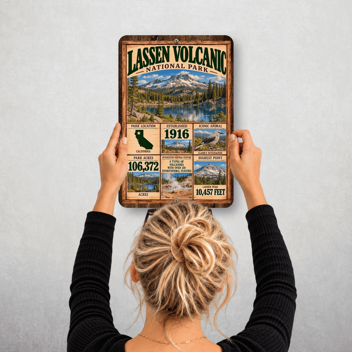 Lassen Volcanic National Park aluminum sign hanging on a wall