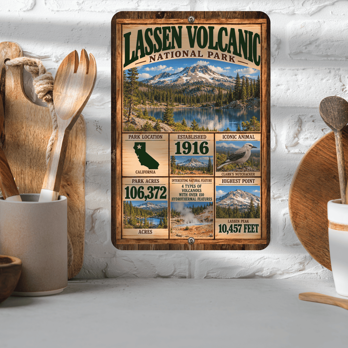 Lassen Volcanic National Park aluminum sign displayed in a kitchen