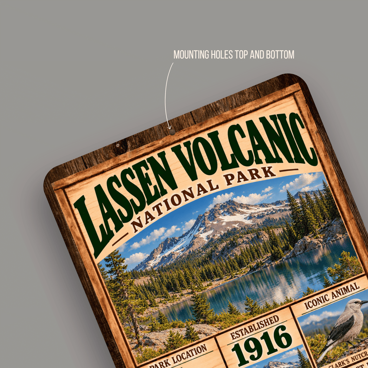 Lassen Volcanic National Park aluminum sign showing rounded corners and mounting holes