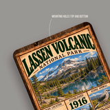 Lassen Volcanic National Park aluminum sign showing rounded corners and mounting holes